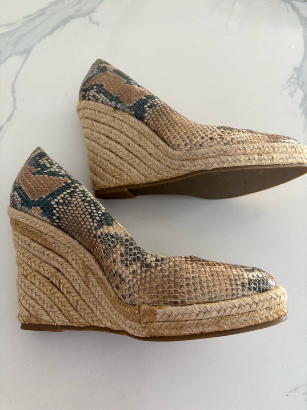 Via Spiga Tan & Black Metallic Snake-Print Espadrille Wedge 7.5 NWD
